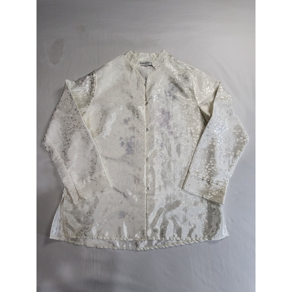 Bali Studio Collection Off White Floral Satin Jacquard Blouse Mandarin Collar S